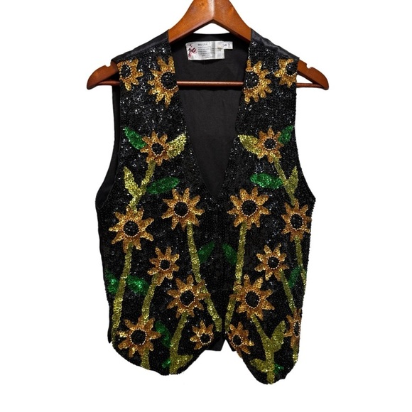 Vintage Jackets & Blazers - Vintage Sequined Sunflower Boho Hippie Vest 90s Floral Feminine Size Small